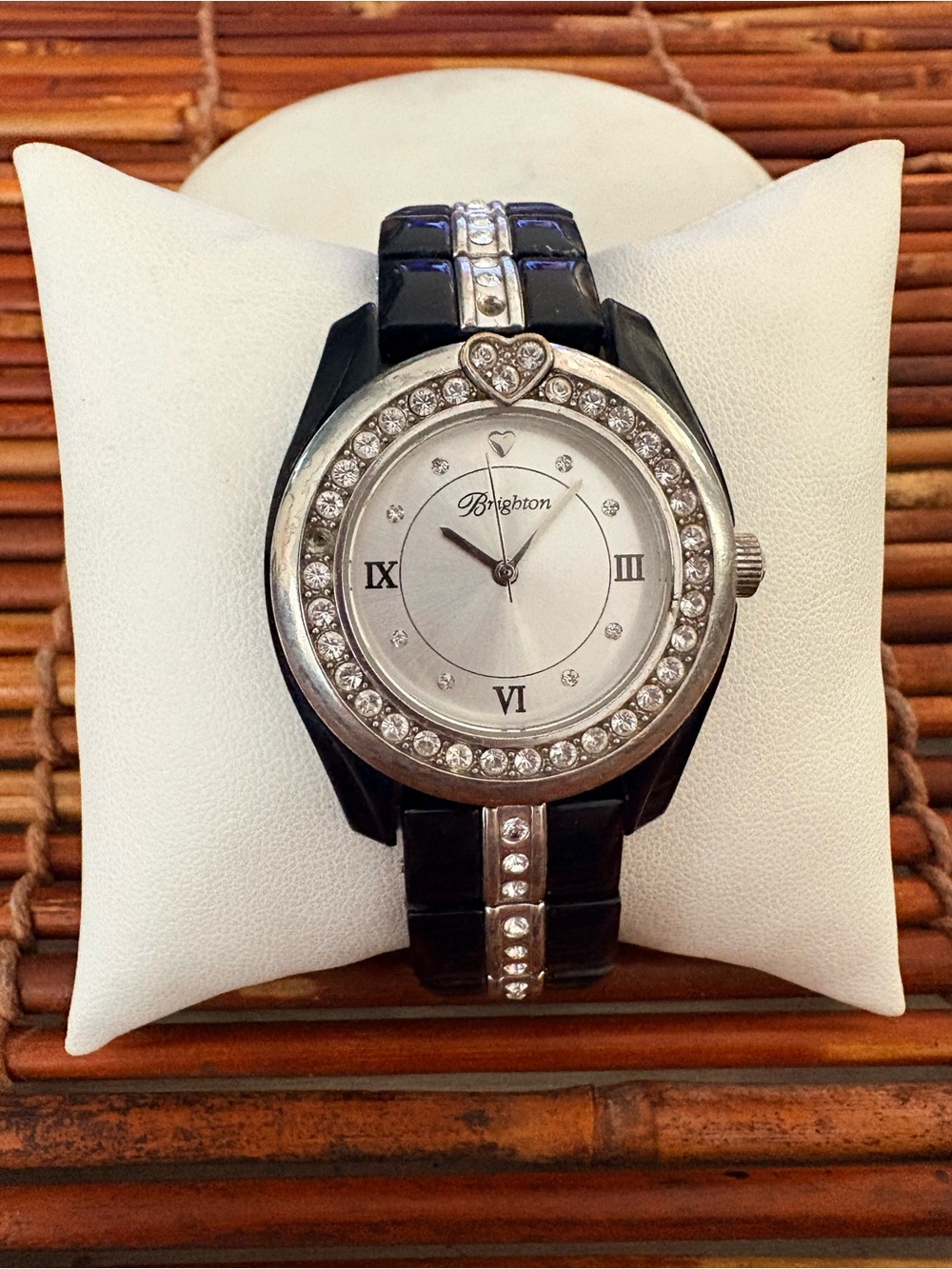Brighton Silver-Tone Dial Black Bracelet Watch with Crystal Heart Needs Battery